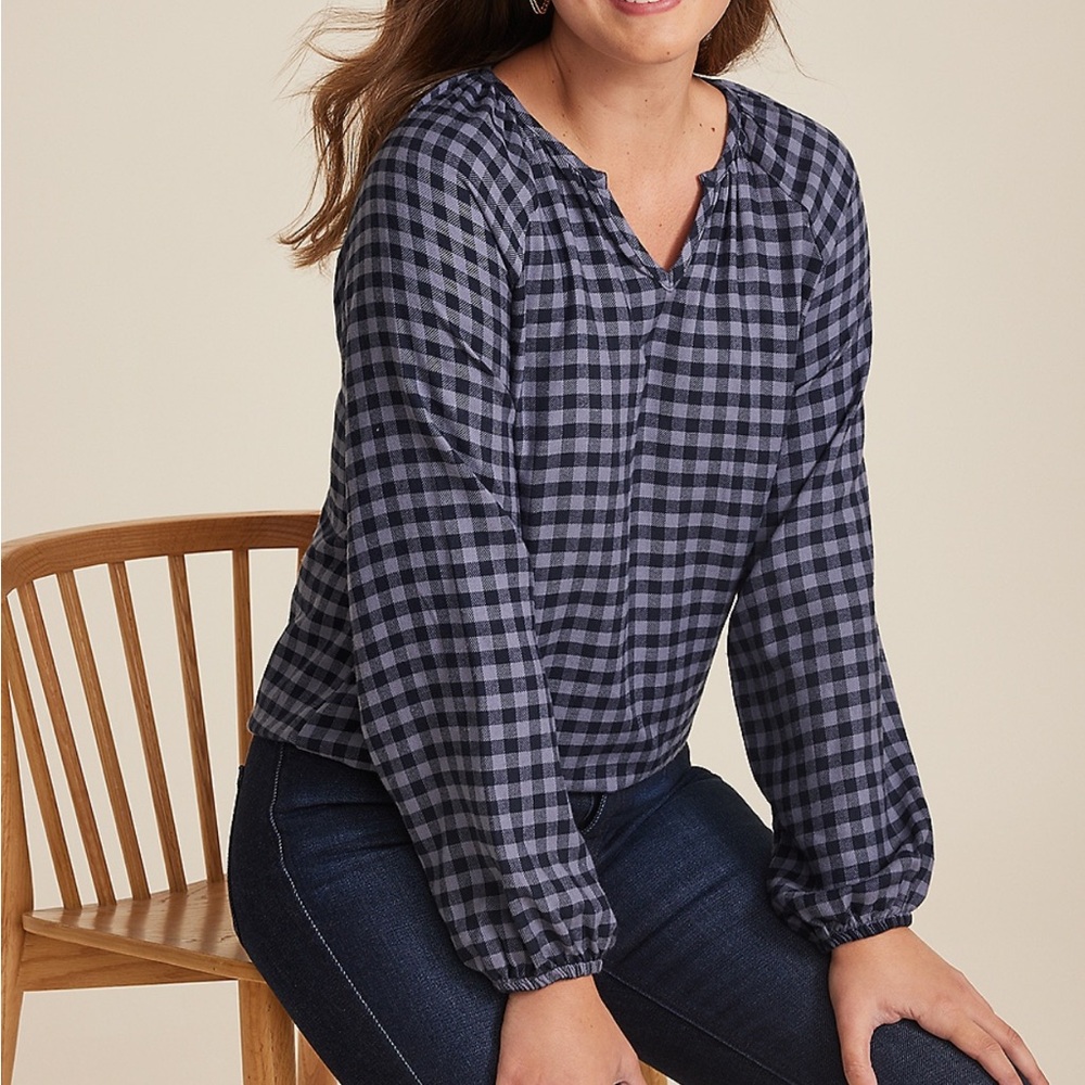 Maurices Buffalo Checkered Navy Purple Long Sleeve Notch Neck Blouse size S